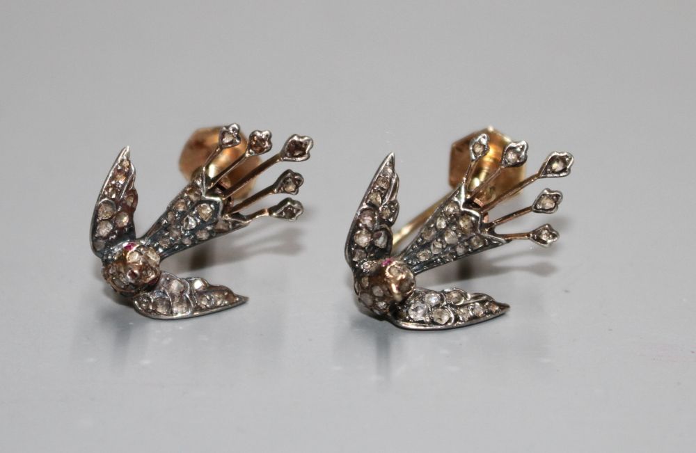 A pair of Victorian yellow metal and rose cut diamond set swallow ear clips (adapted), 19mm.